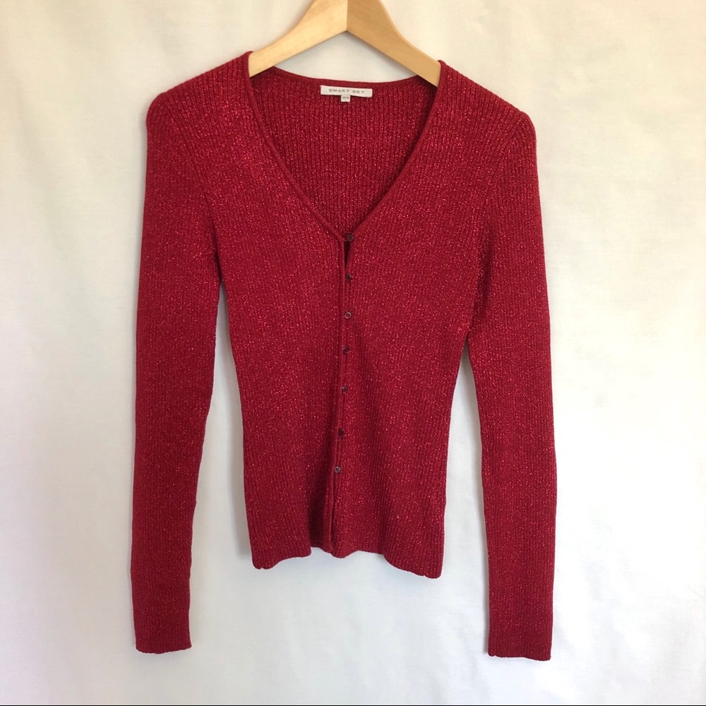 SMART SET festive red sparkly button up cardigan